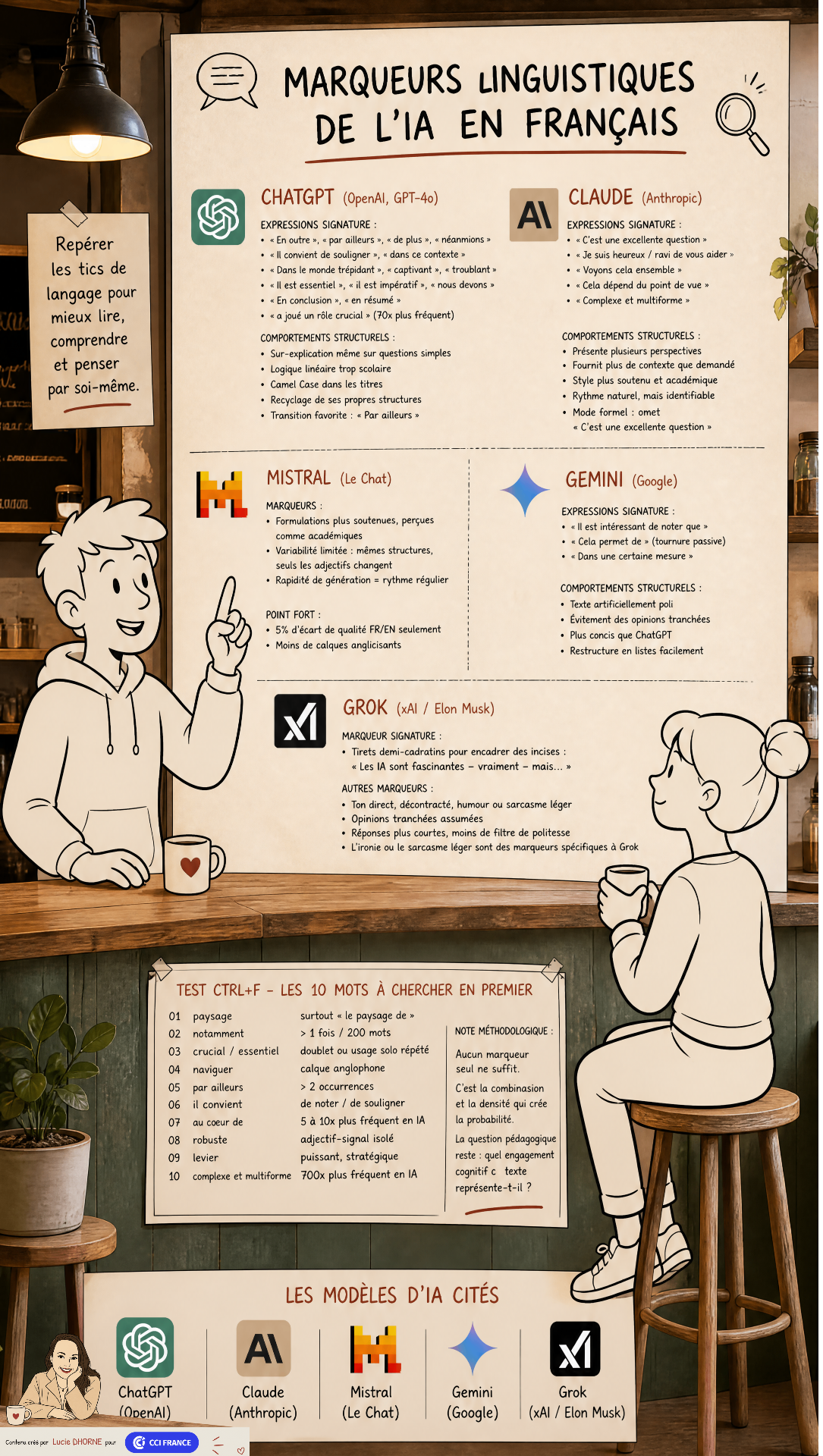 Marqueurs linguistiques par modèle (ChatGPT, Claude, Mistral, Gemini, Grok)